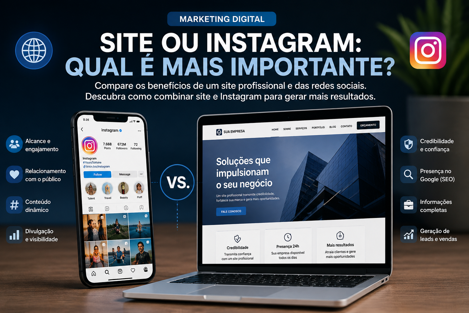 Smartphone com Instagram e site corporativo